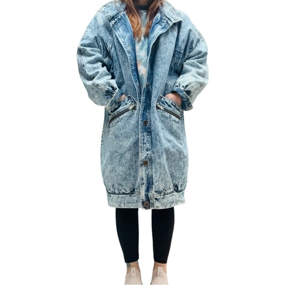 Vintage 80s Acid Wash Denim Coat Blue Plaid Lined Oversized Jacket Medium